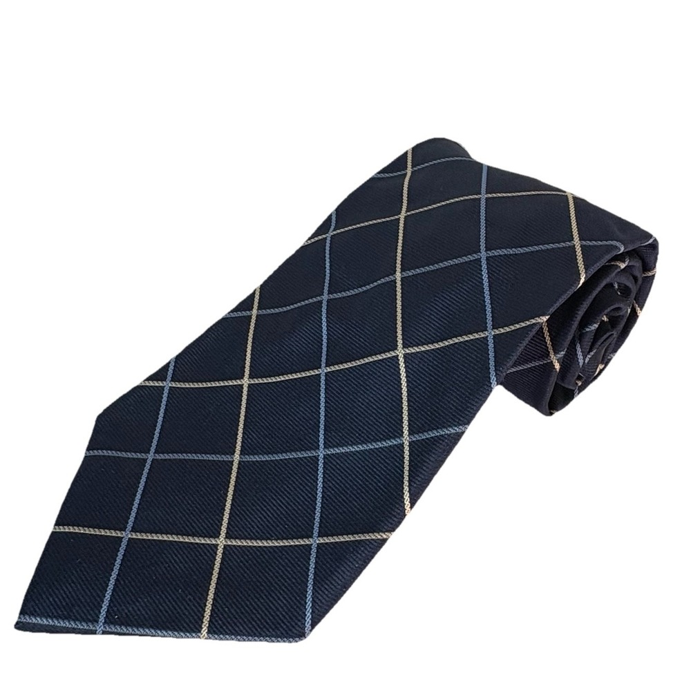 J Crew Men Necktie Navy Blue Yellow Plaid Striped 100% Silk Tie Made in the USA
